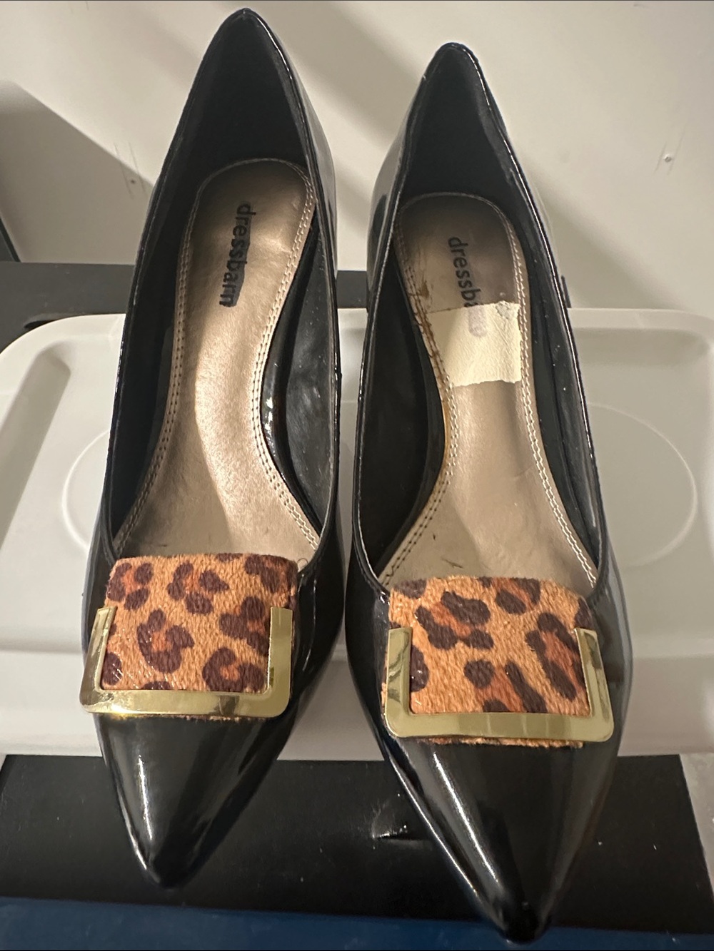 dressbarn Black Patent Pointed Pumps with Leopard Buckle